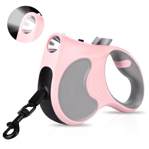 Retractable Dog Leash with Flashlight 16ft Walking Leash for Dogs up to 77lbs, 360° Tangle-Free Nylon Tape Anti-Slip Handle -Pink