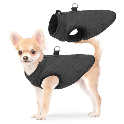 SCENEREAL Winter Dog Vest Coat with Harness Built In, Warm Puppy Jacket for Small Medium Dogs, Cold Weather Coat with Zipper, Fleece Puffer Vest Windproof Snow Clothes - color: #1 Black-Matte, size: S(Chest 14")-Regular