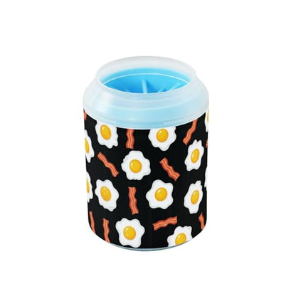 Breakfast Egg Bacon Black Pattern Dog Paw Cleaner Cup with Soft Silicone Brush, Lightweight Small Portable Muddy Paw Washer for Dogs, Easy to Use Pet Foot Cleaner