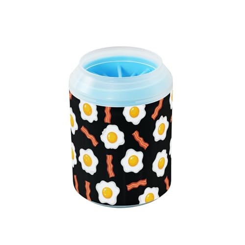 Breakfast Egg Bacon Black Pattern Dog Paw Cleaner Cup with Soft Silicone Brush, Lightweight Small Portable Muddy Paw Washer for Dogs, Easy to Use Pet Foot Cleaner