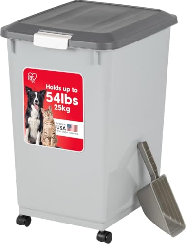IRIS USA Dog Food Storage Container with Wheels, Airtight Lid, 2-Cup Scoop, Up to 54 Pounds Pet Food Storage, Built in Scoop Storage in Lid, Versatile Pet Food Bin, Portable, BPA Free, Gray/Dark Gray - color: Gray/Dark Gray, size: 54 lbs