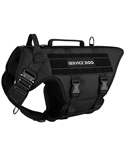 PETNANNY Tactical Dog Harness Service Dog Vest for Large Dogs Fully Body Coverage in Training Dog Harness with 2 Reflective Dog Patches, Handle, Hook and Loop Panels, Dog MOLLE Vest (Black, L) - color: Black, size: Extended Back L (Chest: 28-39", Neck: 19