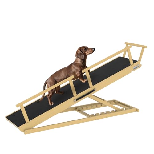 Dog Ramp for Bed - 7-Level Adjustable (13"-37") Birchwood Dog Ramp for High Bed, Couch, 60" Foldable with Rails for Large Dogs, Non-Slip EVA Mat, DIY Glow Strips, Wooden Ramp Support 200 Lbs - color: Wood Color