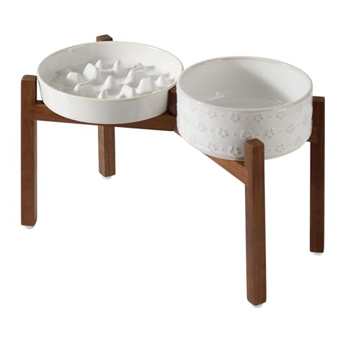 Havniva 1.6 Cup Elevated Slow Feeder Dog Bowls, 8.2” Dog Slow Feeding Bowls + 7.3” Ceramic Dog Water Bowls Set with Acacia Wood Stand Dog Food Bowls Puzzle Feeder for Medium Dogs Non-Slip Anti-choking - color: 2 x White + Stand - C, size: L- 8.2inch / 1.6