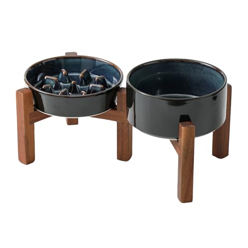 Havniva 0.9 Cup Elevated Slow Feeder Dog Bowls, 6.1” Dog Slow Feeding Bowls + 6.1” Ceramic Dog Water Bowls Set with Acacia Wood Stand, Dog Food Bowls Puzzle Feeder for Small Dogs Non-Slip Anti-choking - color: 2 x Starry Sky + Stand - C, size: S- 6.1inch