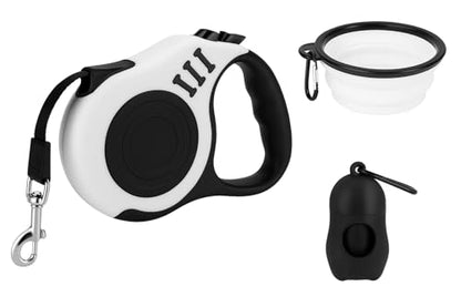 4-in-1 Retractable Dog Leash Set Includes Waste Bag Dispenser, Refill Bags & Collapsible Water Bowl Heavy Duty Nylon Leash with One-Hand Lock, Anti-Slip Grip for Small to Medium Pets (White and Black) - color: White and Black