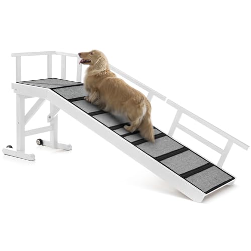 Dog Ramp for Bed or Couch, Wooden Pet Ramp with 20° Gentle Slope, Removable Side Rails, Non-Slip Surface, Top Platform & Wheels, Safe Bed Ramp for Small, Large & Senior Dogs, 60" Long, White - color: White, size: M-60"L x 16"W x 20"H