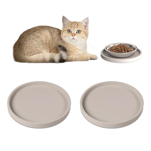 Arespark Pet Silicone Food Mat, Set of 2 Nonslip Waterproof Feeding Bowl Mat with Raised Edges for Food and Water Prevent Spills, Round Eating Tray for Dog Cat Puppy Kitten, 6'' x 6'' - color: Off white, size: 2 PACK