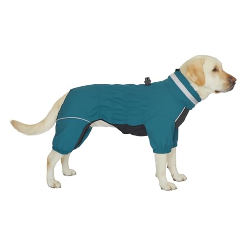 Winter Waterproof Dog Snowsuit – Full Body Outdoor Jacket with Leash Ring, Fleece Lining, Windproof Reflective 4-Leg Dog Coat for Small to Large Dogs Teal Blue XXL - color: Teal Blue, size: XXL (Back Length 19.5")