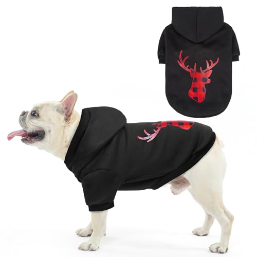 SCENEREAL Christmas Dog Hoodie with Leash Hole, Warm & Soft Fleece Pet Sweater & Sweatshirt for Small Medium Large Dogs, Xmas Elk Print Pets Clothes Cold Weather Costume, M - color: Black (Elk Print), size: Medium