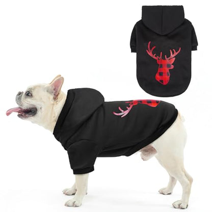 SCENEREAL Christmas Dog Hoodie with Leash Hole, Warm & Soft Fleece Pet Sweater & Sweatshirt for Small Medium Large Dogs, Xmas Elk Print Pets Clothes Cold Weather Costume, M - color: Black (Elk Print), size: Medium