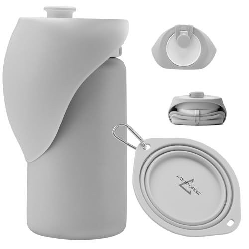 Dog Water Bottle 550ml with Collapsible Bowl Set, Leakproof Portable Pet Water Bottle, Silicone Travel Bottle for Walking, Hiking, Camping, Light Grey