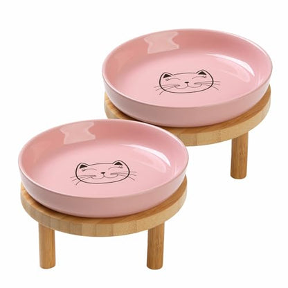 Lusifaco Shallow Elevated Cat Bowls,5.9 Inch Wide Raised Ceramic Cat Dishes with Bamboo Stand, Whisker Friendly Pet Water or Food Plates Feeding Station for Indoor Cats, Kitten(Pink,Set of 2) - color: Pink