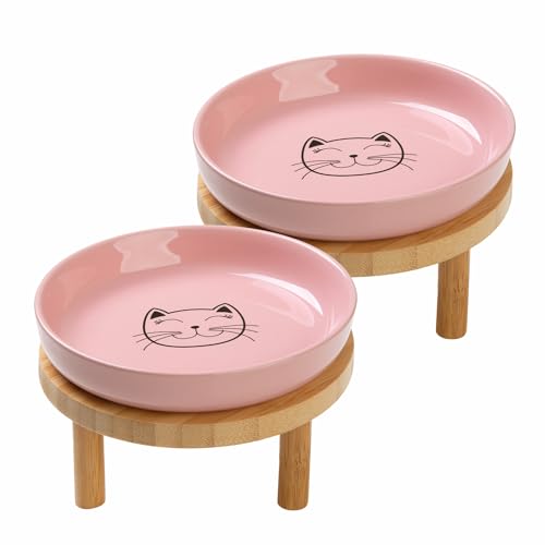 Lusifaco Shallow Elevated Cat Bowls,5.9 Inch Wide Raised Ceramic Cat Dishes with Bamboo Stand, Whisker Friendly Pet Water or Food Plates Feeding Station for Indoor Cats, Kitten(Pink,Set of 2) - color: Pink