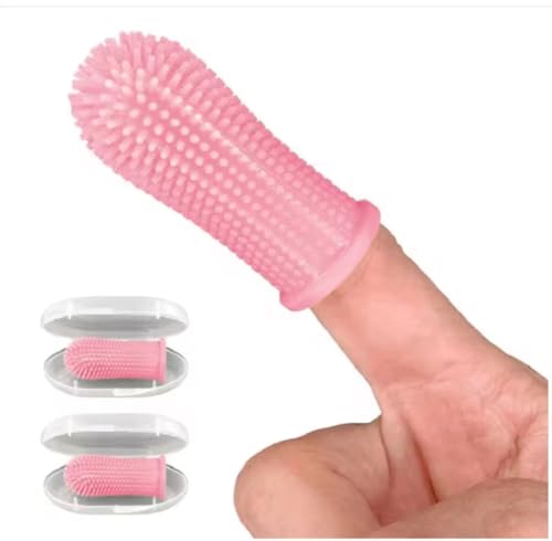 Gomoly Pet Toothbrush, 360 ° Dog Tooth Cleaning Set, Cat Finger Cover Toot-hbrush for Cleaning Tongue Coating and Tooth Care, Pet Silicone Finger Cover Toothbrush Set of 2 with Case (Pink, Large) - color: Pink