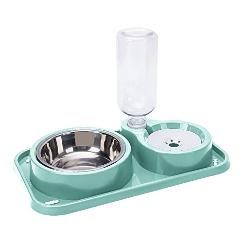 Love Dream Double Dog Cat Bowls, 2 in1 Pet Water and Food Bowl Set with Automatic Gravity Water Dispenser Bottle Detachable Stainless Steel Bowl No-Spill for Cats and Dogs Puppy Kitten Rabbit - color: Ligth Green, size: Capacity Water Bottle: 500ML