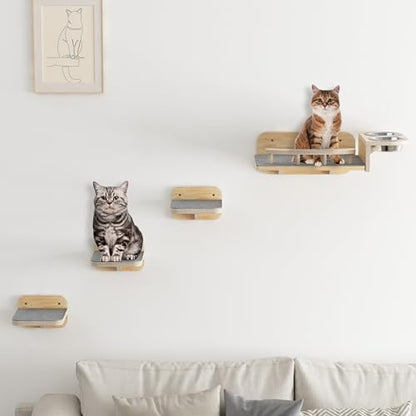 Meidok Cat Wall Furniture,Cat Wall Shelves,Dog Proof Cat Feeding Station with 3 Wide Wall Steps and 2pices 304 Stainless Steel Bowl Cat Feeding Shelf for Cats up to 25 Lbs - Wood Color