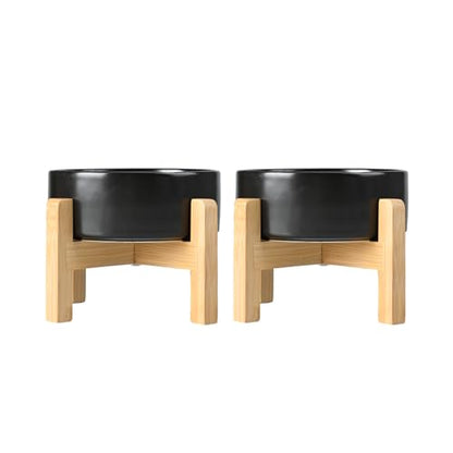 SPUNKYJUNKY Ceramic Elevated Dog Bowls 2 Pack - 6.1inch Raised Dog Bowls with Non-Slip Wooden Stand for Medium Dogs Dishwasher Safe(Black,28.7OZ*2) - color: Black, size: Medium - 3.6 CUPS*2