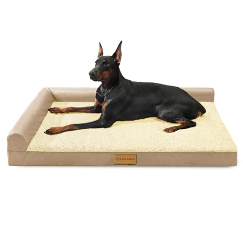 Patas Lague Orthopedic XL Dog Bed Large Sized Dog 42''X28'', Waterproof L Bolster Big Large Pet Sofa Beds with Removable Washable Cover, Soft Pet Couch Crate Mat with Nonskid Bottom, Beige - color: Beige, size: 42"L x 28"W x 3.5"Th
