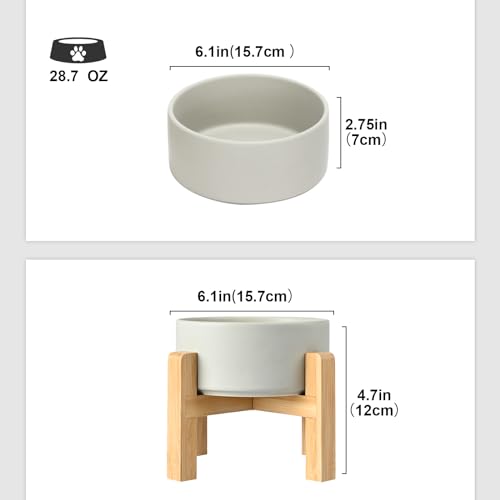 SPUNKYJUNKY Ceramic Elevated Dog Bowls 2 Pack - 6.1inch Raised Dog Bowls with Non-Slip Wooden Stand for Medium Dogs Dishwasher Safe(Grey,28.7OZ*2) - color: Grey, size: Medium - 3.6 CUPS*2