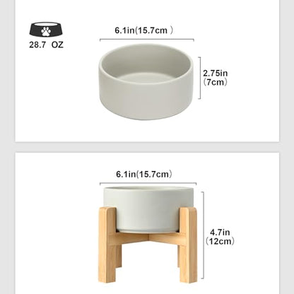 SPUNKYJUNKY Ceramic Elevated Dog Bowls 2 Pack - 6.1inch Raised Dog Bowls with Non-Slip Wooden Stand for Medium Dogs Dishwasher Safe(Grey,28.7OZ*2) - color: Grey, size: Medium - 3.6 CUPS*2