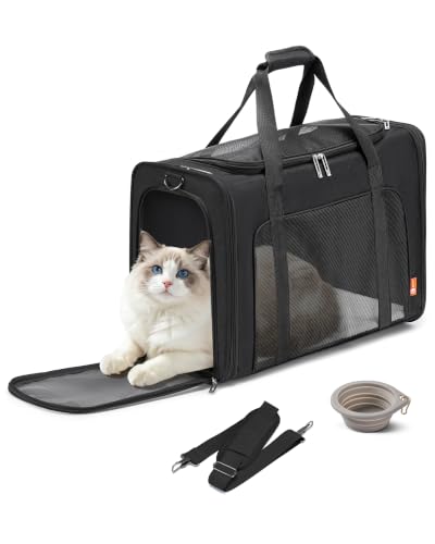 Soft-Sided Pet Carrier Bag Large Cat Small Dog Carriers,Black | 55x40x23 cm Up To 26lbs For Medium Cats Dogs Puppies Collapsible Travel Puppy Carrier with Foldable Bowls - color: Black