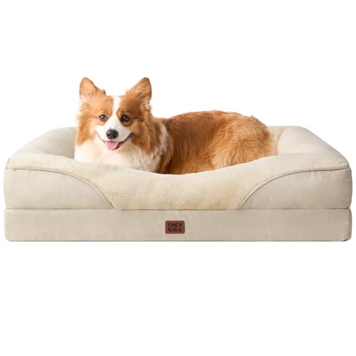EHEYCIGA Orthopedic Dog Bed for Medium Dog, 35x22 Inch Memory Foam Dog Couch Bed with Sides, Waterproof Liner & Washable Removable Cover, Bolster Pet Sofa, Beige - color: Beige, size: 35x22x6.5