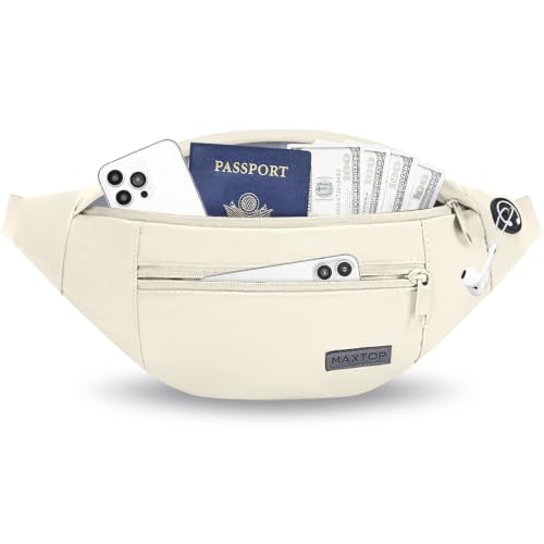 MAXTOP Large Crossbody Fanny Pack with 4-Zipper Pockets,Gifts for Enjoy Sports Festival Workout Traveling Running Casual Hands-Free Wallets Waist Pack Phone Bag Carrying All Phones - color: Beige(Washed Nylon with Silver Metal Zipper), style: Large Fanny