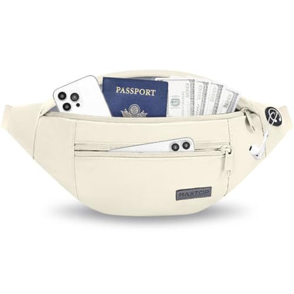 MAXTOP Large Crossbody Fanny Pack with 4-Zipper Pockets,Gifts for Enjoy Sports Festival Workout Traveling Running Casual Hands-Free Wallets Waist Pack Phone Bag Carrying All Phones - color: Beige(Washed Nylon with Silver Metal Zipper), style: Large Fanny