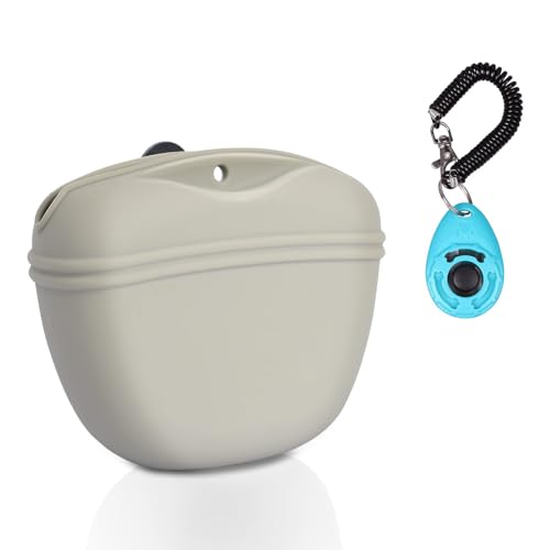 Left&Right Dog Clicker Training Kit,Silicone Dog Training Treat Pouch and Dog Clickers,Dog Treat Bag with Clicker Training for Dogs,Pet Treat Bag with Magnetic Buckle Closing and Waist Clip,Beige - color: Beige