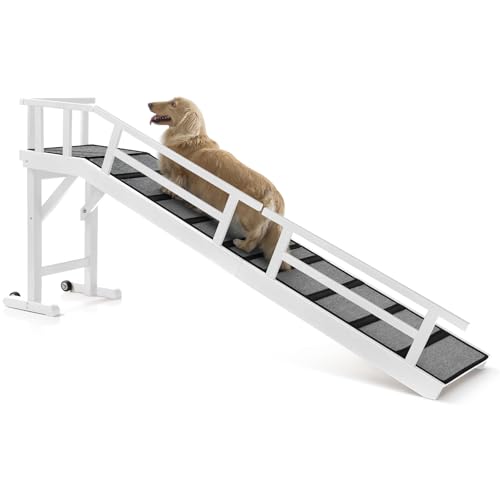 Dog Ramp for Bed or Couch, Wooden Pet Ramp with 20° Gentle Slope, Removable Side Rails, Non-Slip Surface, Top Platform & Wheels, Safe Bed Ramp for Small, Large & Senior Dogs, 74" Long, White - color: White, size: L-73.2"L x 16"W x 25"H