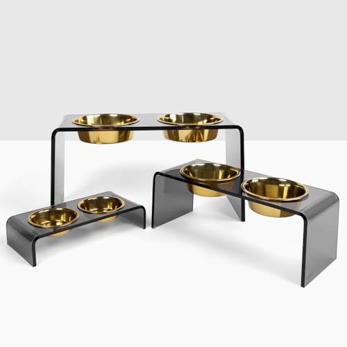 Hiddin Double Elevated Dog Bowl Stand for Medium or Large Dogs, All Breeds, Smoke Grey Acrylic 12 Inch Raised Dog Bowl Stand with Two Gold Bowls for Food and Water - 6.5 Cups Each Dish