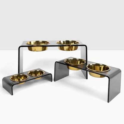 Hiddin Double Elevated Dog Bowl Stand for Medium or Large Dogs, All Breeds, Smoke Grey Acrylic 12 Inch Raised Dog Bowl Stand with Two Gold Bowls for Food and Water - 6.5 Cups Each Dish
