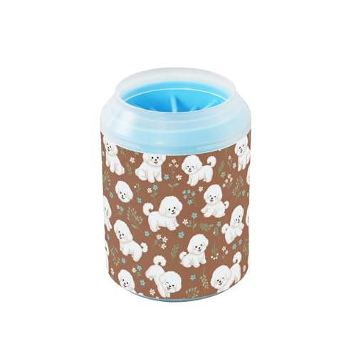 Cute Animals Dogs Brown Print Dog Paw Cleaner Cup with Soft Silicone Brush, Portable Lightweight Small Muddy Paw Washer for Dogs, Easy to Use Pet Foot Cleaner
