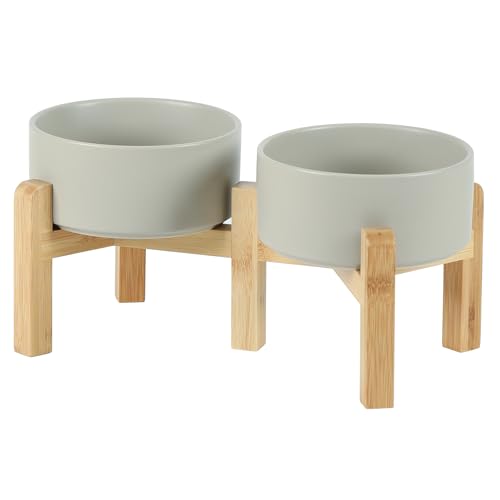 Havniva 6.1” Dog Bowls Elevated Ceramic Dog Food and Water Bowl Set, Double Raised Dog Water Bowl with Stand Non-Slip Rubber Base Two Heights Large Capacity Feeding Pet Food Bowl for Small Dogs - color: Matte Gray - 2 Bowls+Stand, size: 6.1 Inch