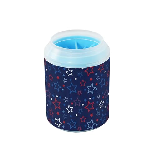 Stars Dots Blue Pattern Dog Paw Cleaner Cup with Soft Silicone Brush, Small Lightweight Portable Muddy Paw Washer for Dogs, Easy to Use Pet Foot Cleaner