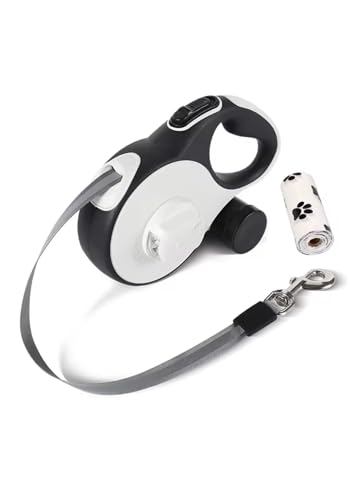 Retractable Dog Leash with LED Light for Night Walking – 16ft Tangle-Free Leash with Poop Bag Dispenser, One-Button Lock, Reflective Handle