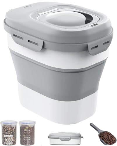 30-35 Lbs Dog Food Storage Container Collapsible Dog Food Container with Airtight Lids, Wheels, Scoop and 2pcs Food Storage Containers, Large Pet food storage for Dog, Cat - color: Light Grey