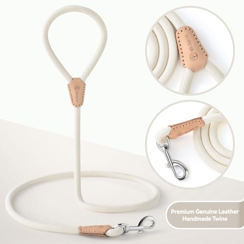 Mile High Life Dog Leash, Rope Leash with Genuine Leather Connection and Heavy Duty Metal Clasp, Great for Small Medium Large Dogs(Cream White,48 Inch) - color: Rope Handle-Cream White, size: 48 Inch-1/2"