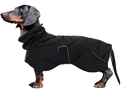 Dachshund Coats Waterproof, Perfect for Dachshunds, Sausage, Weiner Dog Winter Coat with Padded Fleece, Puppy Snowsuit with Adjustable Bands and High Vis Reflective Trim - Black - S - color: Black, size: Small