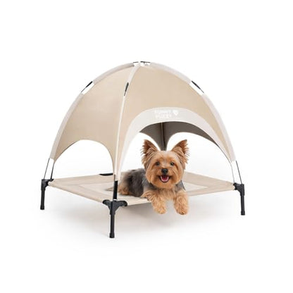 FUNNY FUZZY Elevated Dog Bed with Canopy, Small (24"x18"x7") – Outdoor Raised Dog Cot with Shade, Cooling Breathable Mesh Pet Bed, Portable Waterproof Dog Camping Bed for Large Medium Small Dogs,Khaki