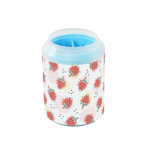 Watermelon White Print Dog Paw Cleaner Cup with Soft Silicone Brush, Small Portable Lightweight Muddy Paw Washer for Dogs, Easy to Use Pet Foot Cleaner