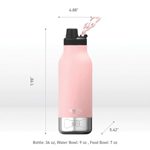 asobu Dog Barky Bottle - 음식, 간식 및 물을 위한 탈착식 강아지 그릇 2개가 있는 단열 스테인리스 스틸 물병 - 하이킹, 도로 여행 및 야외 모험을 위한 반려동물 친화적인 여행용 병 - color: 핑크
