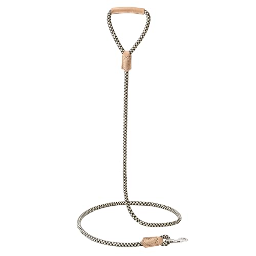 Mile High Life Dog Leash, Rope Leash with Genuine Leather Handle and Heavy Duty Metal Clasp, Great for Small Medium Large Dogs (Khaki Black, 4FT) - color: Leather Handle-Khaki Black, size: 48 Inch-1/2"