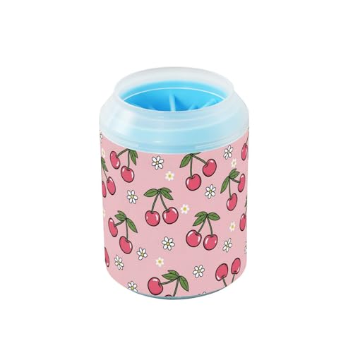 Cherries Flowers Pink Pattern Dog Paw Cleaner Cup with Soft Silicone Brush, Small Portable Lightweight Muddy Paw Washer for Dogs, Easy to Use Pet Foot Cleaner