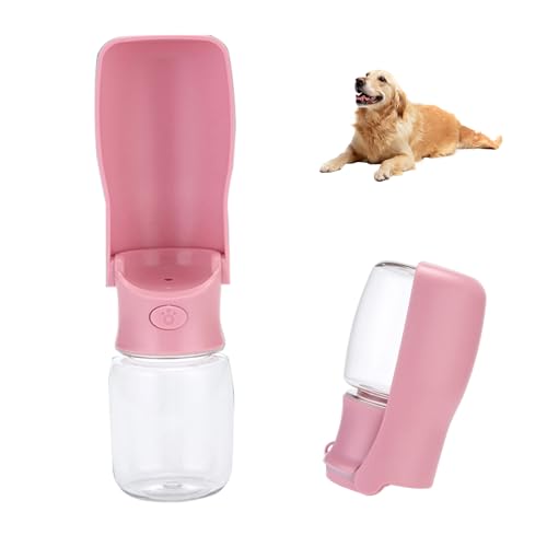 Foldable Dog Water Bottle, Leak Proof Portable Pet Water Dispenser for Dogs and Cats, One-Hand Travel Water Bottle for Walking Hiking Outdoor Use (350ml, Pink)