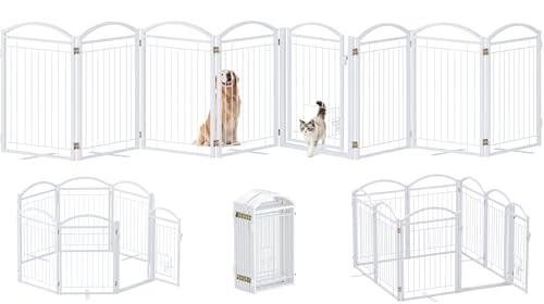 Full Metal Freestanding Dog Gate with Cat Door for Indoor & Outdoor,30" Tall Foldable Dog Fence,160" Extra Wide Free Standing Pet Gate for Large Openings,Stairs,Deck,Yard,Doorways(White) - color: White, size: 160"W×30"H