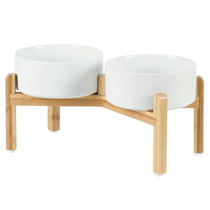 Havniva 7.3” Dog Bowls Elevated Ceramic Dog Food and Water Bowl Set, Double Raised Dog Water Bowl with Stand Non-Slip Rubber Base Large Capacity Feeding Pet Food Bowl for Medium Dogs - color: Matte White - 2 Bowls+Stand, size: 7.3 Inch