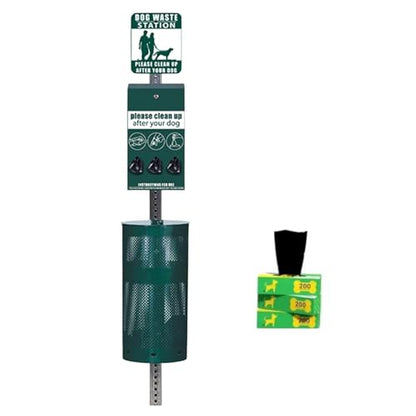 Complete Premium Dog Waste Station with 11.5 Gallon Pet Waste Bin, Trash Receptacle, Weatherproof, Stainless Steel, Easy Bag System Includes 300 Dog Waste Bags & 25 Liners - Green - color: Green 2