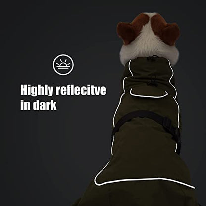 Barkworthies Dog Raincoat - Waterproof Winter Jacket with Velvet Inner, Reflective Strip, Green, L - color: Green, size: Large